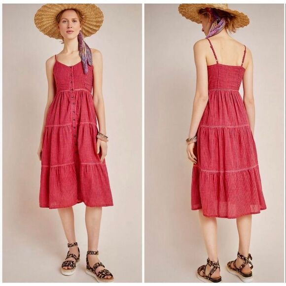 Anthropologie Sundry Elena Tiered Midi Dress size 2 Red Striped Sleeveless - Picture 1 of 10